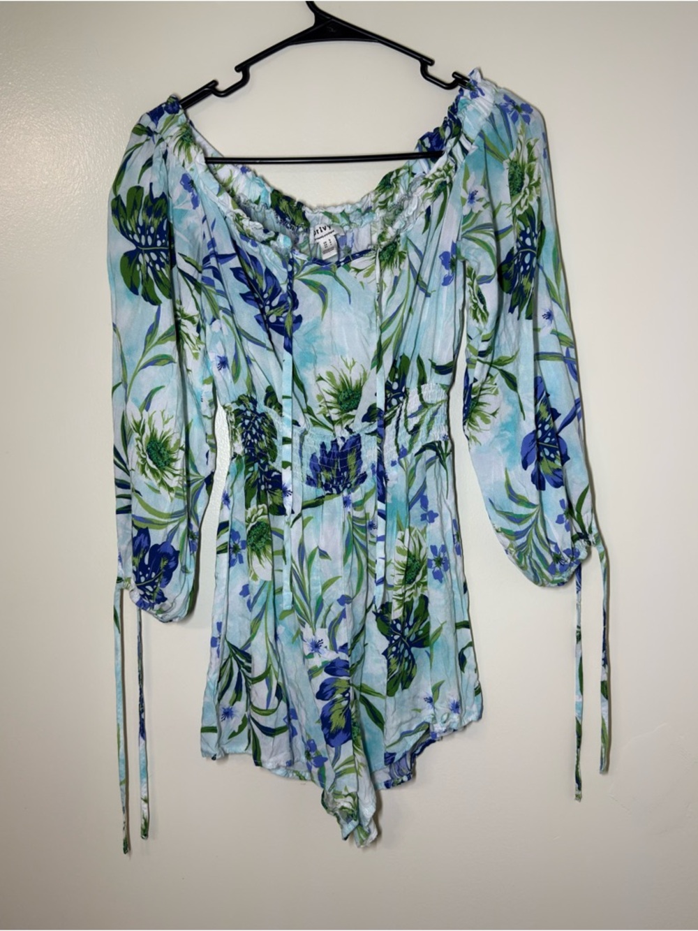 Privy Blue Tropical Floral Off-Shoulder Romper